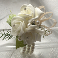 Ivory Rose and foliage Wrist Corsage with nude ribbon