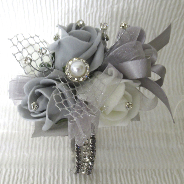 Artificial Wedding Prom Wrist Corsage Diamante Bracelet Silver Leaves ...